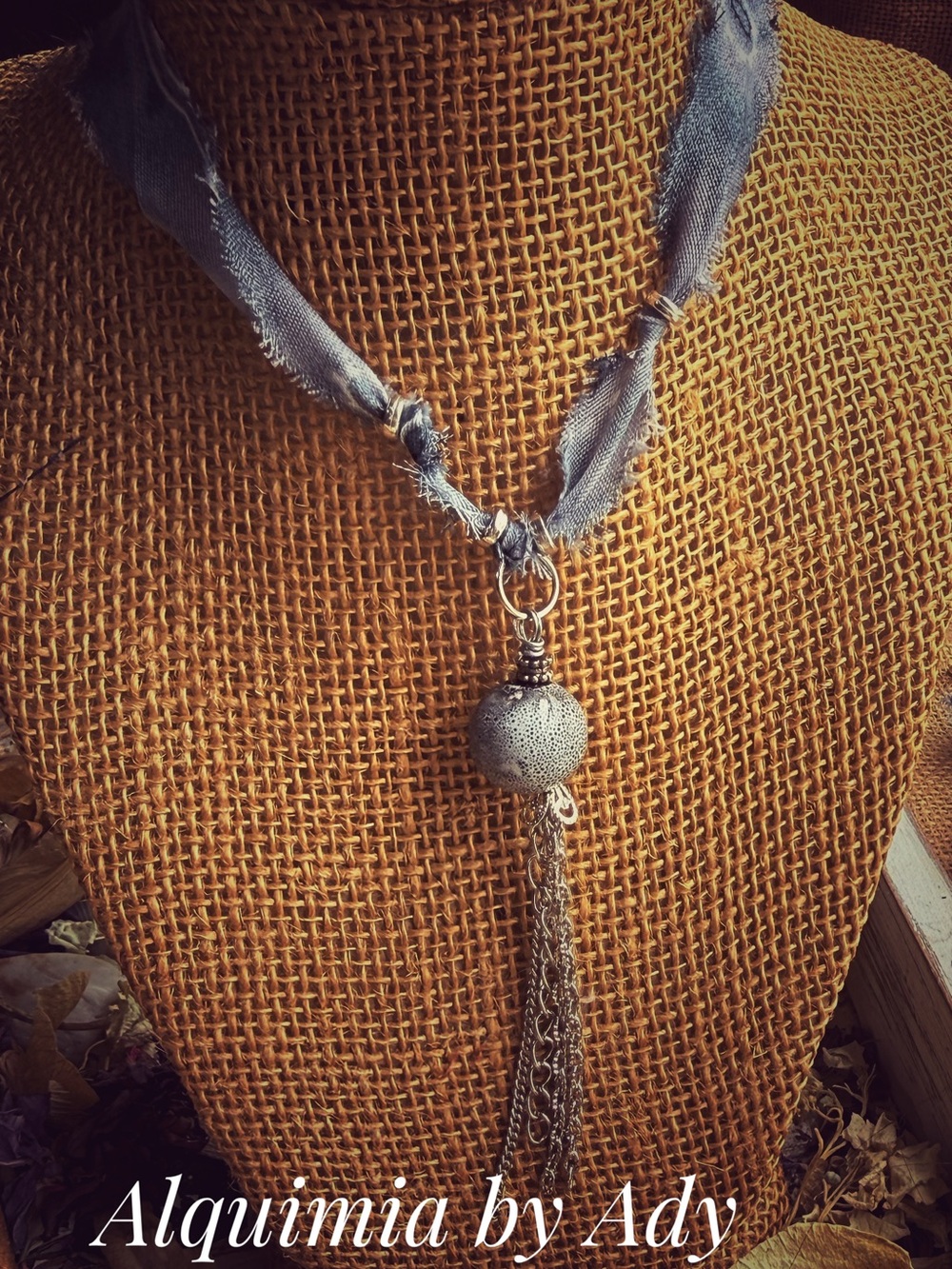 Fall + Sculptural Silver tassels Pendant Necklace with Blue Fabric Cord
